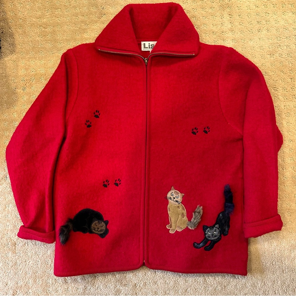 Adorable vintage wool jacket with embroidered/appliquéd cats